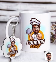 BK Gift Kişiye Özel Erkek Chef Karikatürlü Beyaz Kupa ve Anahtarlık Hediye Seti-15 (Model 1)