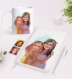 BK Gift Kişiye Özel Kız Kardeşler Karikatürlü Beyaz Defter Kalem ve Kupa Hediye Seti-2 (Model 1)