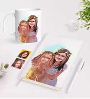 BK Gift Kişiye Özel Kız Kardeşler Karikatürlü Beyaz Defter Kalem ve Kupa Hediye Seti-2 (Model 1)