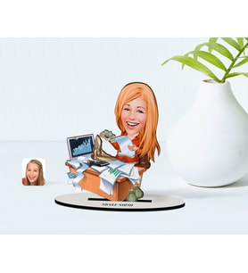 BK Gift Kişiye Özel Kadın Bankacı Karikatürlü Ahşap Biblo Model-1 (Beyaz)