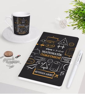 BK Gift Kişiye Özel Matematik Öğretmeni Beyaz Defter Kalem Türk Kahvesi Fincanı Seti-10 (Model 1)
