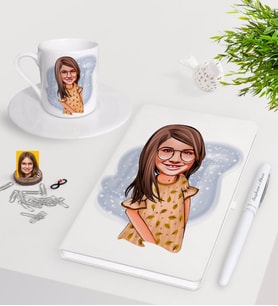 BK Gift Kişiye Özel Kız Çocuk Karikatürlü Beyaz Defter Kalem Türk Kahvesi Fincanı Seti-8 (Model 1)