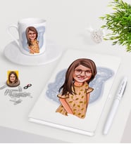 BK Gift Kişiye Özel Kız Çocuk Karikatürlü Beyaz Defter Kalem Türk Kahvesi Fincanı Seti-8 (Model 1)