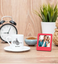 Tuğra Desenli Türk Kahvesi Fincanı ve Kırmızı Mini Fotoğraf Çerçevesi