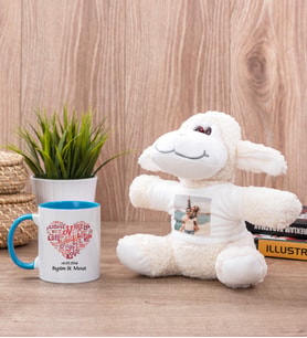 Love Tasarım Hediyelik Mavi Kupa Bardak ve Peluş Koyun