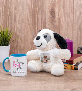 Sevgililere Özel Baskılı Mavi Kupa Bardak ve Peluş Köpek