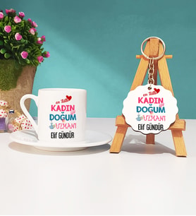 Mesajlı Kadın Doğum Uzmanı Türk Kahvesi Fincanı ve Anahtarlık Hediye Seti
