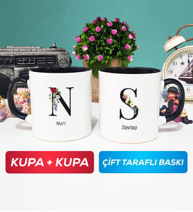 İkili Kişiye Özel Baş Harf ve İsim Yazılı Kupa Bardak Siyah
