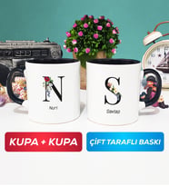 İkili Kişiye Özel Baş Harf ve İsim Yazılı Kupa Bardak Siyah
