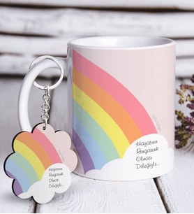 BK Gift Kişiye Özel Gökkuşağı Beyaz Kupa ve Anahtarlık Hediye Seti-3 (Model 1)