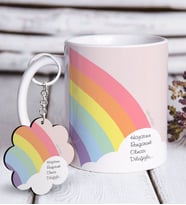 BK Gift Kişiye Özel Gökkuşağı Beyaz Kupa ve Anahtarlık Hediye Seti-3 (Model 1)