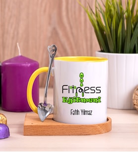 Fitness Eğitmeni Ahşap Altlıklı Sarı Kupa Bardak