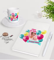 BK Gift Kişiye Özel Fotoğraflı Doğum Günü Beyaz Defter Kalem Türk Kahvesi Fincanı Seti-1 (Model 1)