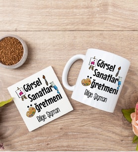 Görsel Sanatlar Öğretmeni Beyaz Kupa Bardak Ve Bardak Altlığı Seti