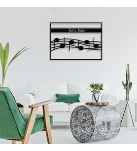 New Jargon - Çerçeve İçinde Just A Music ve Notalar Tasarım Metal Tablosu 70x50cm (Siyah)
