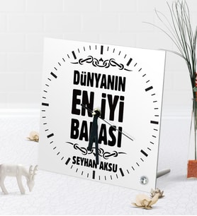 BK Gift Kişiye Özel Dünyanın En İyi Babası Masaüstü Kare Cam Saat-6 (Beyaz)