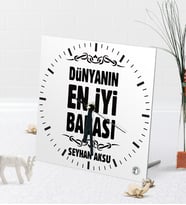 BK Gift Kişiye Özel Dünyanın En İyi Babası Masaüstü Kare Cam Saat-6 (Beyaz)