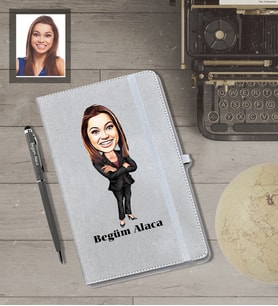 Kişiye Özel Öğretmen Karikatürlü Gri Defter Kalem Hediye Seti  Bayan-6
