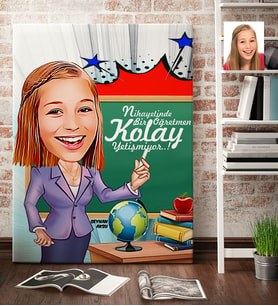 BK Gift Kişiye Özel Bayan Öğretmen Karikatür Kanvas Tablo 70x100cm 1