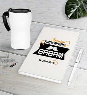 BK Gift Kişiye Özel Benim Kahraman Babam Beyaz Defter Kalem Termos Mug Seti (Model 1)