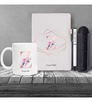 Kişiye Özel UV Baskılı Pembe Harfli Beyaz Defter Roller Kalem Kupa Seti