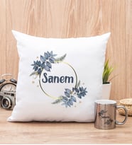 Çiçek Desenli İsme Özel Yastık ve Silver Kupa Bardak