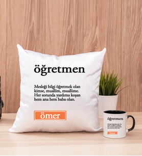 Öğretmen Kelime Anlamı Kare Yastık ve Siyah Kupa Bardak