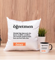 Öğretmen Kelime Anlamı Kare Yastık ve Siyah Kupa Bardak