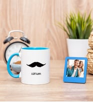Bıyık Tasarım Mavi Kupa Bardak ve Mavi Mini Fotoğraf Çerçevesi