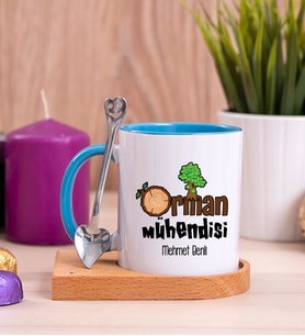Orman Mühendisi Ahşap Altlıklı Mavi Kupa Bardak