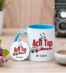 Acil Tıp Teknisyeni Mavi Kupa Bardak Ve Anahtarlık Set
