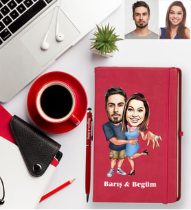 Kişiye Özel Sevgili Karikatürlü Kırmızı Defter Kalem Hediye Seti Model 3