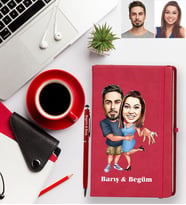 Kişiye Özel Sevgili Karikatürlü Kırmızı Defter Kalem Hediye Seti Model 3