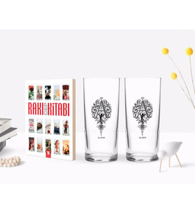 BK Gift Kişiye Özel Renkli Baskılı Kaligrafi Harfli İkili Rakı Bardağı ve Rakı Cep Kitabı Hediye Seti-2 (Model 1)