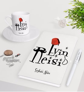 BK Gift Kişiye Özel Evin Reisi Beyaz Defter Kalem Türk Kahvesi Fincanı Seti-2 (Model 1)