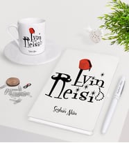 BK Gift Kişiye Özel Evin Reisi Beyaz Defter Kalem Türk Kahvesi Fincanı Seti-2 (Model 1)