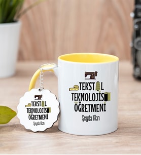 Tekstil Teknolojisi Öğretmeni Sarı Kupa Bardak Ve Anahtarlık Set