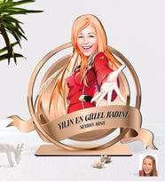 BK Gift Kişiye Özel Kadın Karikatürlü 3D Ahşap Biblo Plaket-34 (Beyaz)
