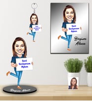 Kişiye Özel Bayan Karikatürlü 3 lü Hediye Seti Model-12