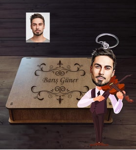 Kişiye Özel Kemancı Karikatürlü Ahşap Anahtarlık Kutulu  Bay-1