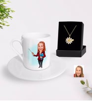 BK Gift Kişiye Özel Bayan Öğretmen Karikatürlü Türk Kahvesi Fincanı ve İsimli Papatya Kolye Hediye Seti-3 (Model 1)