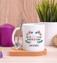 Bir Tek Annem Olsun Ahşap Altlıklı Beyaz Kupa Bardak