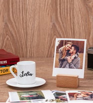 Kişiye Özel İsim Yazılı Türk Kahvesi Fincanı ve Ahşap Standlı Polaroid Set