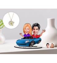 BK Gift Kişiye Özel Sevgililer Karikatürlü 3D Ahşap Biblo ve Çift İsimli Papatya Kolye Seti-52 (Model 1)