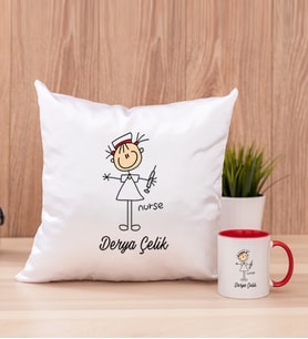 Hemşire Karikatürü Kare Yastık ve Kırmızı Kupa Bardak