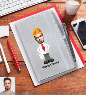 Kişiye Özel Mühendis Karikatürlü Gri Defter Kalem Hediye Seti Bay-1