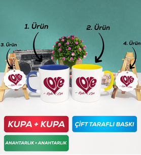 İkili Lacivert Sarı Love Tasarımlı Sevgililer Günü Hediyesi Kupa Bardak Anahtarlık
