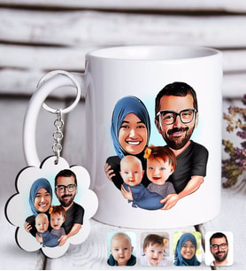 BK Gift Kişiye Özel Tesettürlü Aile Karikatürlü Beyaz Kupa ve Anahtarlık Hediye Seti-4 (Model 1)