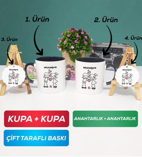 İkili Siyah Siyah Kişiye Özel Sevgililer Günü Hediyesi Kupa Bardak Anahtarlık Hediye Seti