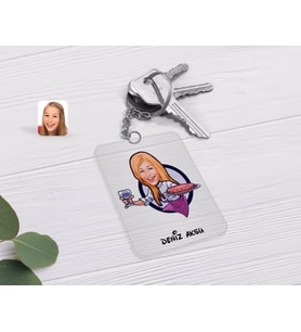 BK Gift Kişiye Özel Kadın Garson Karikatürlü Şeffaf Pleksi Anahtarlık-1 (Beyaz)